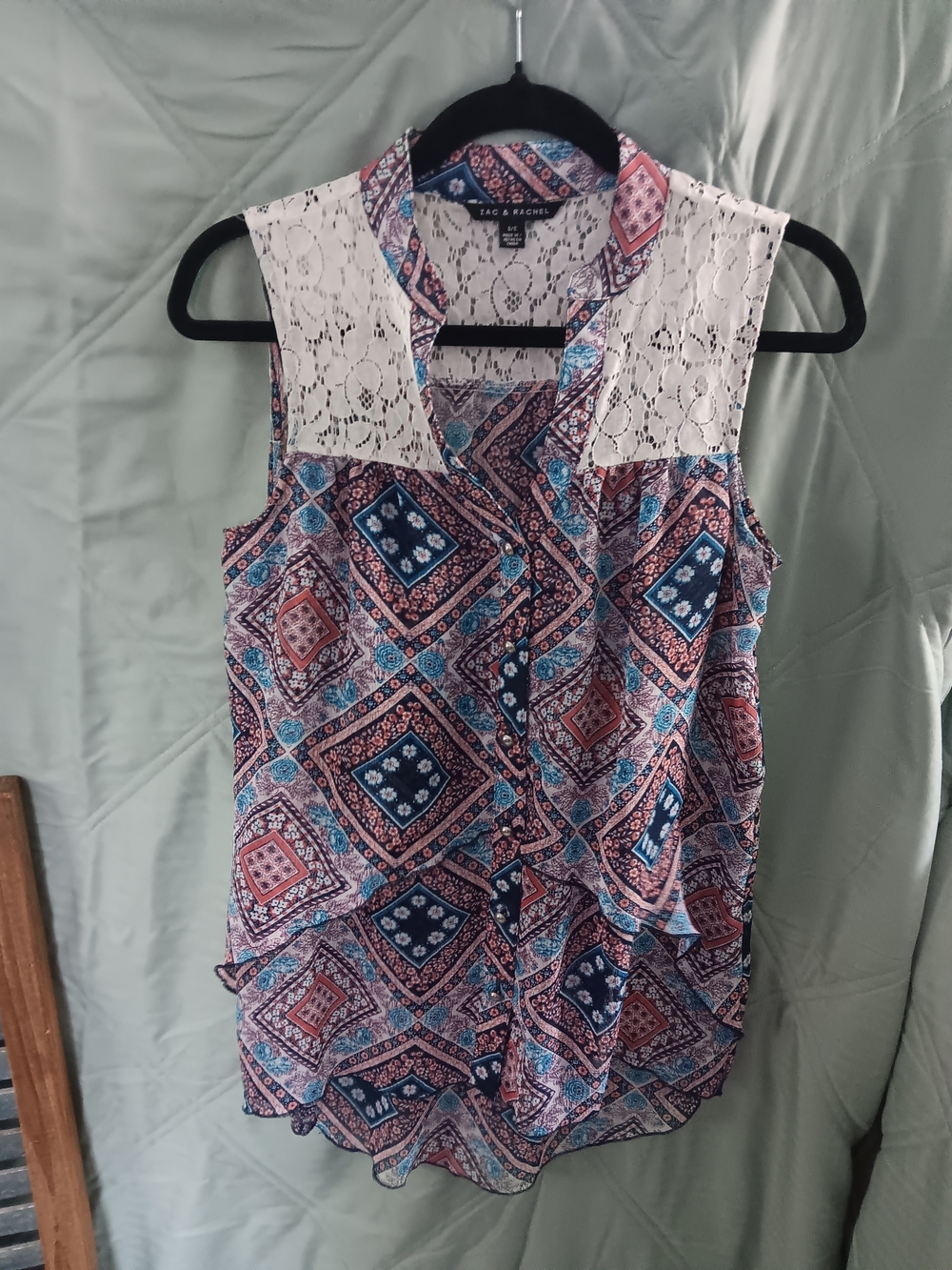 Zac & Rachel Blue and Pink Printed Lace-Yoke Sleeveless Camisole